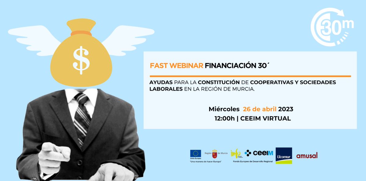 CEPES2's tweet photo. 📣Conoce en ⏰30´ las herramientas de financiación ➕interesantes para hacer crecer 📊 tu proyecto
No te pierdas el #webinar `Ayudas para la constitución de #Cooperativas y #SociedadesLaborales en la @regiondemurcia´
👉Programa #FASTFUND de @CeeiMurcia
✍https://t.co/2hbuwvbAiz https://t.co/9OelPUAJsq