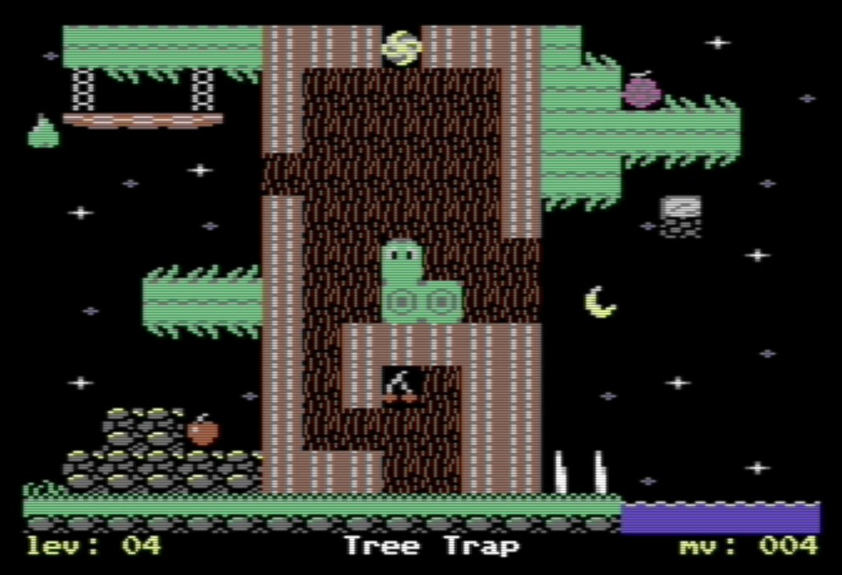 Naufr4g0's tweet photo. Another screenshot from my upcoming #C64 game #GravitySnake. Recently I added some game infos on the row below (each level as a name). The game will be presented on twitch in a few days and released later. GS is a #RetroSnakeGameJam entry at @RetroPrgInside. https://t.co/YuiM3cHpEx