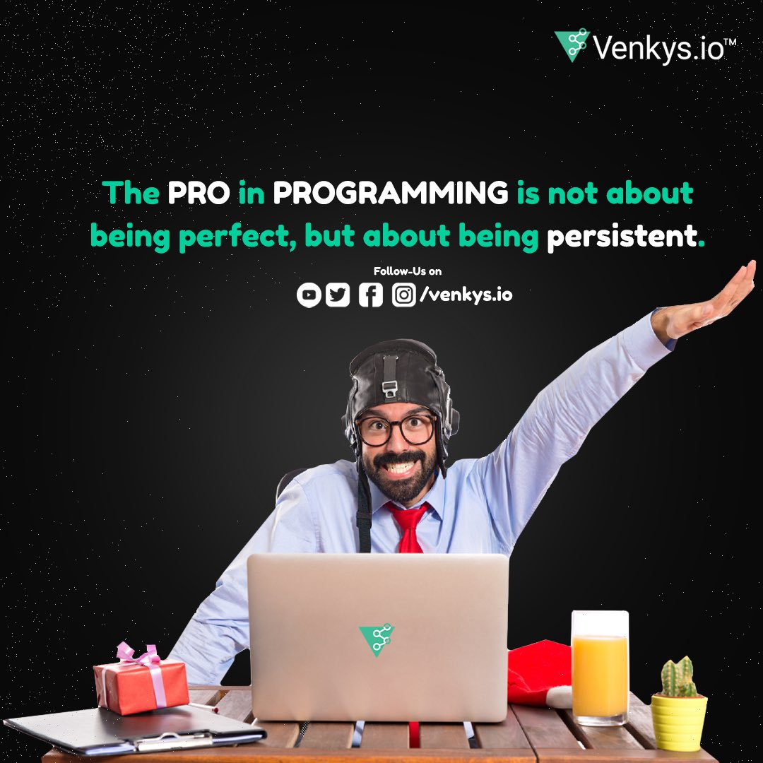 IoVenkys's tweet image. Programming is not about getting it right the first time, it&apos;s about learning from your mistakes and persevering until you succeed. #venkys.io#programmingfacts #keyprogramming  #programmerlife  #programmingtips #programmingproblems  #skillindia #india #programmer  #Training