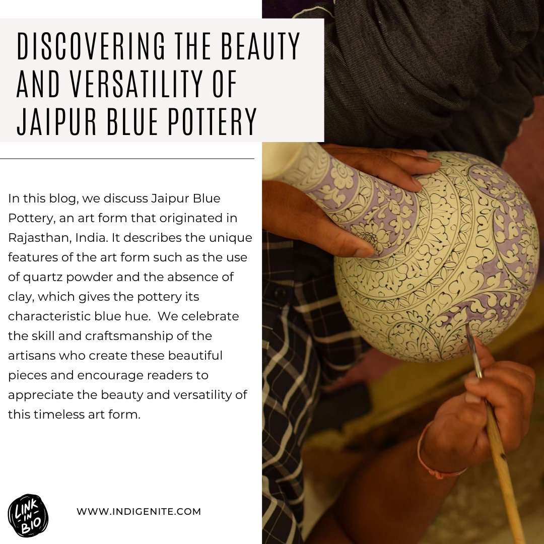 indigenite's tweet photo. From intricate patterns to vibrant hues, Jaipur Blue Pottery is a feast for the eyes and a testament to the skill of artisans. Join me as we delve into the beauty and versatility of this timeless art form. 
#JaipurBluePottery #IndianArtisans #craftsmanship #economy #blog https://t.co/gd3c77uQOm