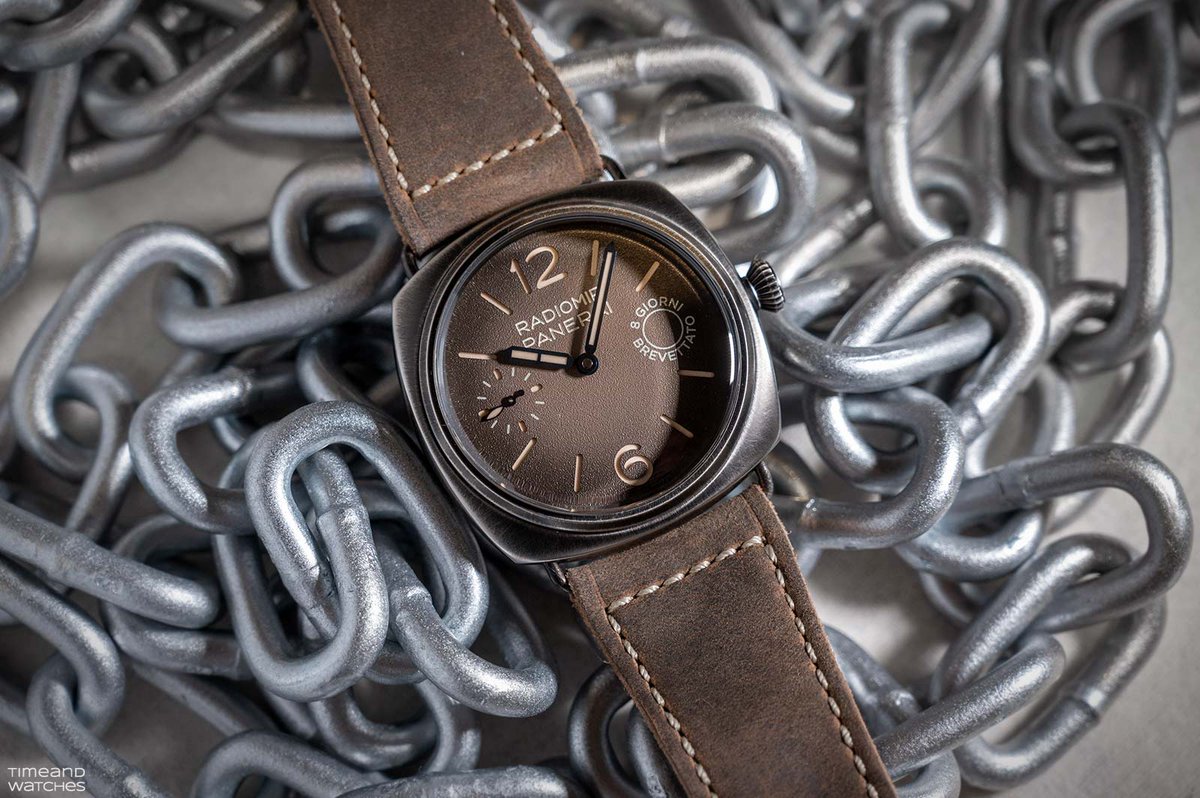 time_watches's tweet photo. The new #Radiomir #OttoGiorni by #Panerai is characterised by a seasoned look obtained by hand-finishing the 45mm cushion-shaped case crafted from Brunito #eSteel. In brown or blue. Discover the two versions at https://t.co/1T6guNMAsE https://t.co/3Heyx6qu6j