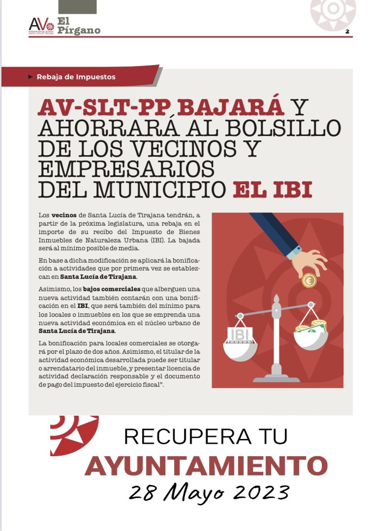 AVSantaLucia's tweet photo. AV-SLT-PP BAJARÁ EL IBI 

#RecuperaTuAyuntamiento
#LosVecinosEstánParaAyudarse
#AVSLT
#PartidoPopular
#Elecciones2023 
#28deMayo https://t.co/aWLN8GxoYB