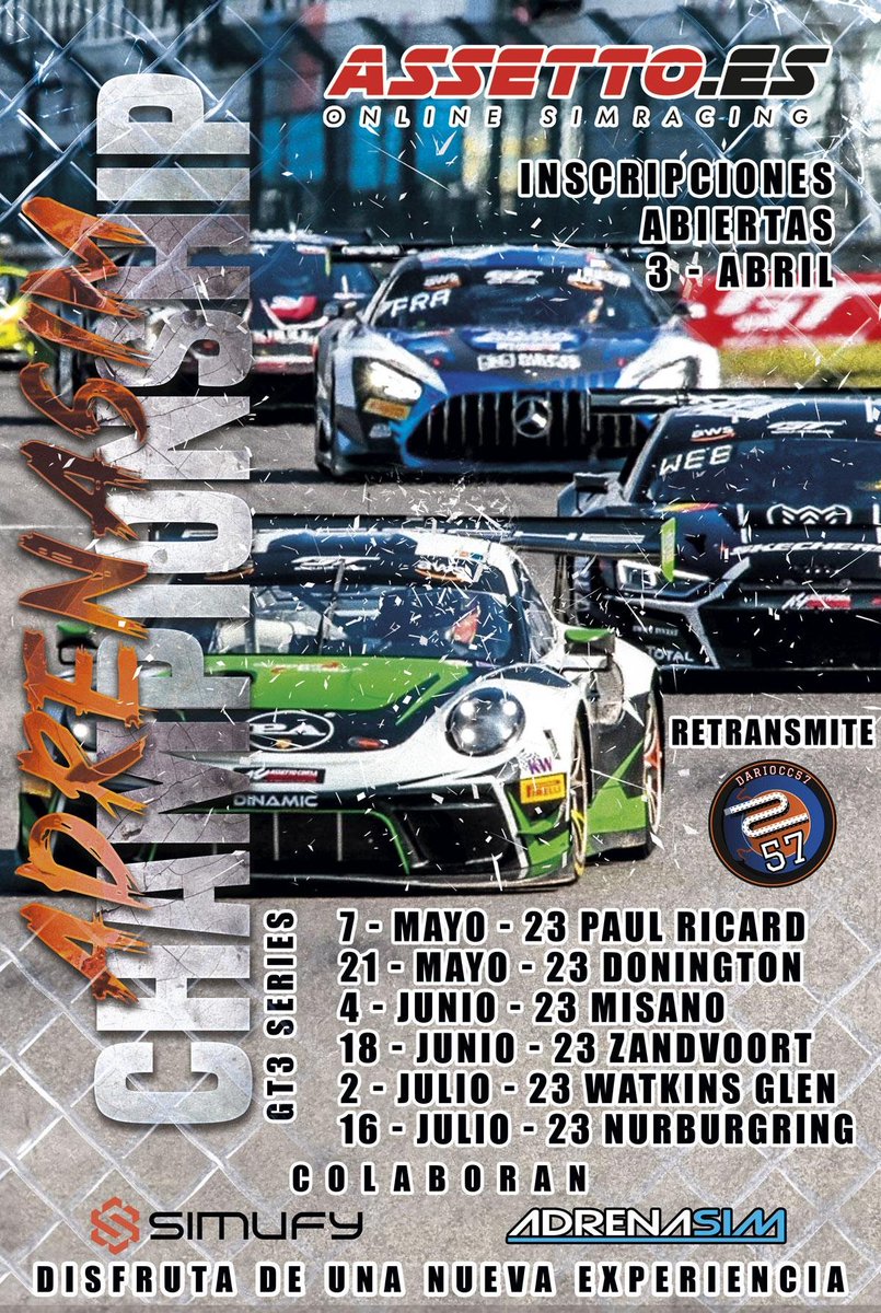 Assetto_es's tweet photo. ⚠️Si quieres participar con nosotros aun nos quedan plazas en 2 campeonatos de ACC:

🔴 GT3 los Domingos: 2 plazas libres
🟢 Multiclase GT3-GT4 por parejas los Jueves (Se puede formar equipo en nuestro discord): 8 equipos libres

💞Patrocinan @simufy @AdrenaSim @NoWheelsSim https://t.co/HN3qSLNKUV