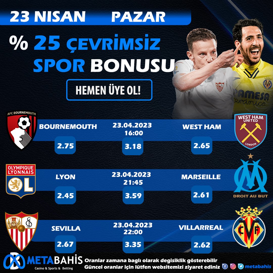 #METABAHİS İLE EN YÜKSEK ORANLARLA GÜNÜN MAÇLARI!

🏆 METABAHİS İLE OYNADIKÇA YÜKSEK KAZAN!

⚽️ GÜNÜN EN ÇOK TERCİH EDİLEN KUPONLARI!

🎁 %25 SPOR BONUSU!

💰 %30 SPOR KAYIP BONUSU!

🔗bit.ly/3Z88E18