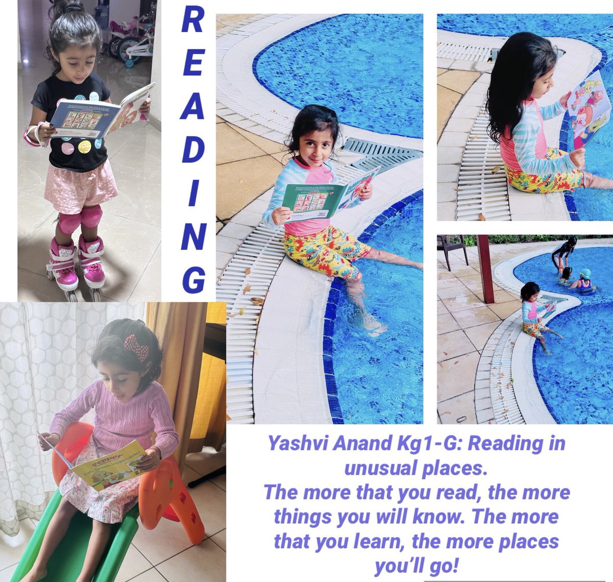 AShivanipun's tweet photo. World Book Day-Reading in unusual places- Yashvi Anand, Kg1- G
The more that you read, the more things you will know. The more that you learn, the more places you’ll go! 
@gemsnms_alkhail 
@Fatima_Martin 
@MichelleVerghe1 
@_GokulaSajeev https://t.co/bKC6nBwPuW
