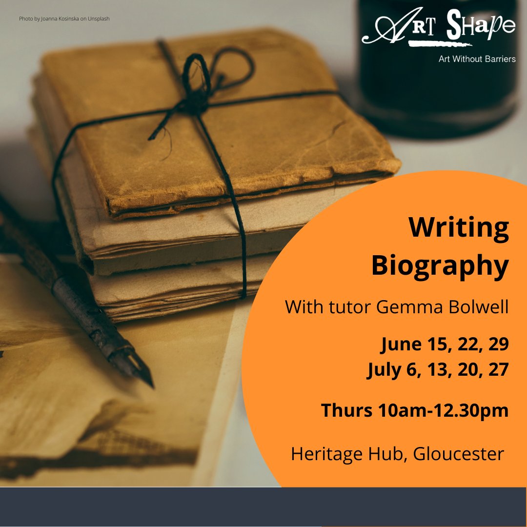 ArtShape's tweet photo. This course will explore how to research and write about the lives of  others. Consider what draws us to other people's stories.
@GlosHeritageHub 
 #inclusivewriting #inclusivelearning #newskills #writing #local #characterwriting #glos #gloucestershire #glosheritagehub https://t.co/9L78laVdns