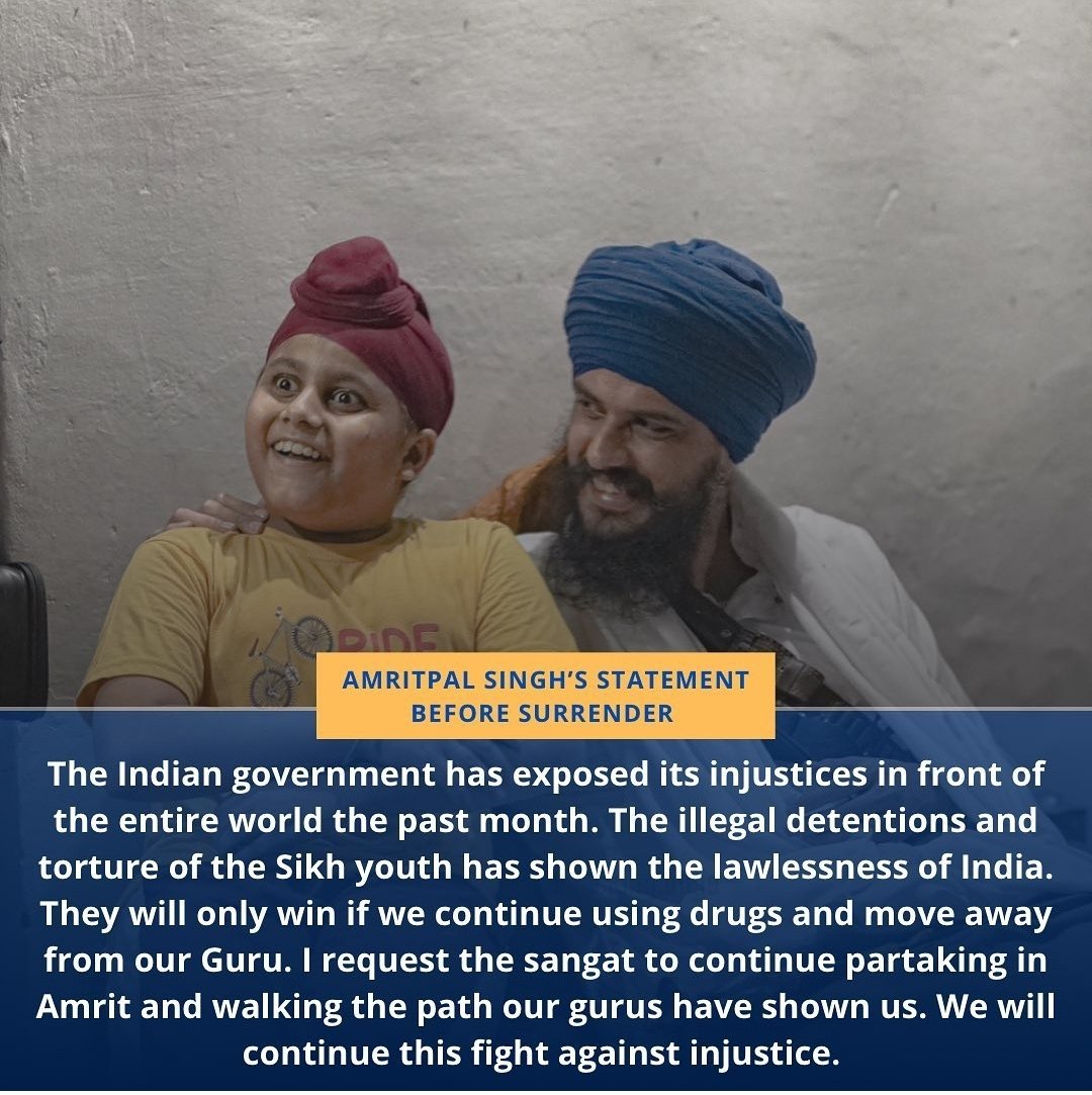 SherePanjabUK's tweet photo. Bhai Amritpal Singh Ji (WarisPanjabDe) voluntarily courts arrest in Rode, Panjab after Indian Police and intelligence services failed to arrest him after 4 weeks of being India's most wanted man. His only crime was helping Punjabis abstain from drugs and become baptised Sikhs https://t.co/ytaobqRclv