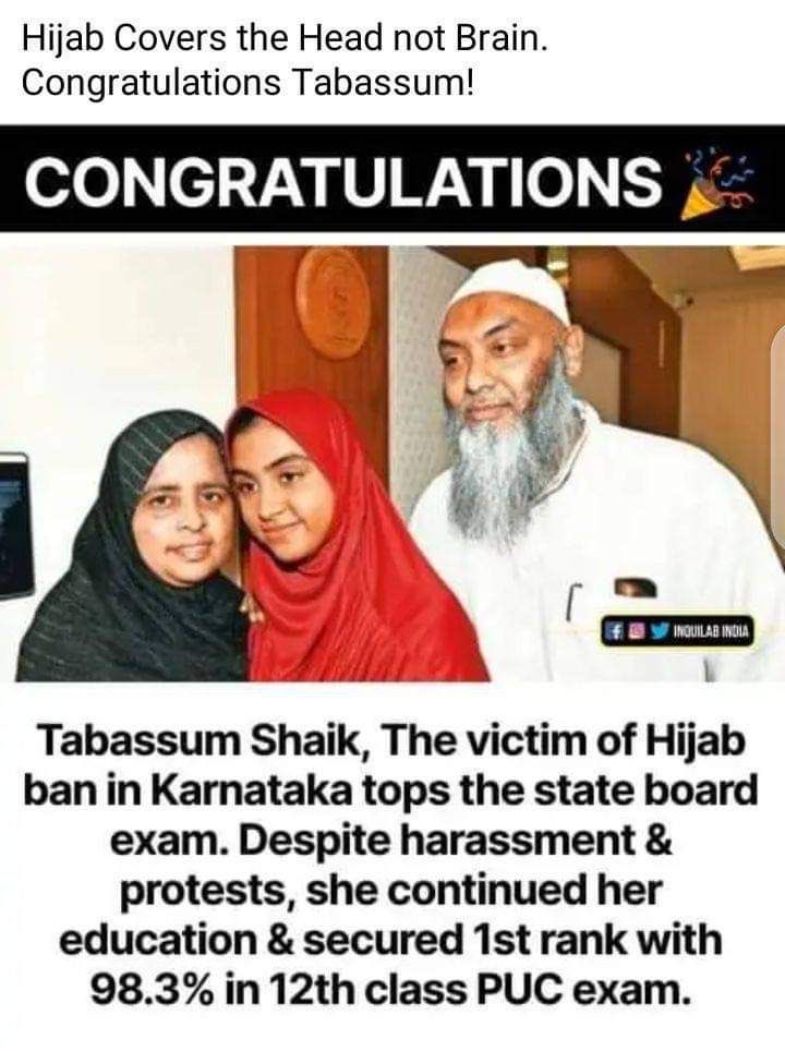 zoomshah's tweet photo. This girl has proved that the  Hijab covers the head not the brain. I am not a votary of the Hijab but I feel that the choice of head gear should be left to the choice of the students, just like it is for Sikhs. The colour can be in conformity with the colour of school uniform https://t.co/2zGY953tSy