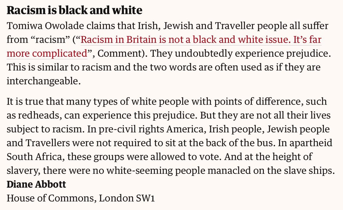 For the last 8 years, probably for the last 40, Diane Abbott has lived in a political world in which antisemitism was an important symbolic issue.

It appears that in all that time she hasn't really thought about the specificities of antisemitism and how it relates to anti-black