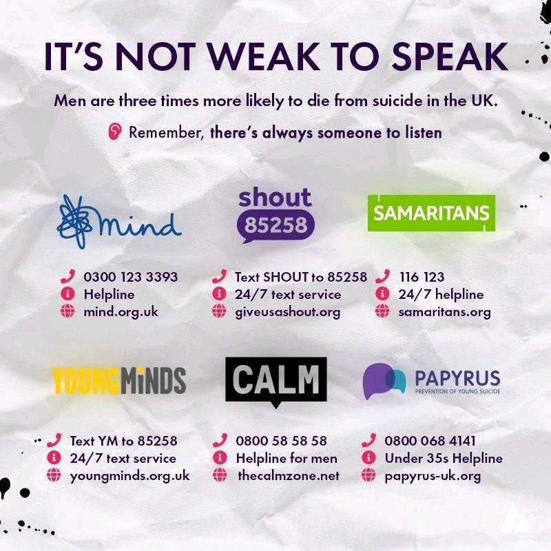 As discussed on air friday night, here are some of the organisations here in the UK that can help if you feel like you need to reach out to someone. It's okay to not be okay.