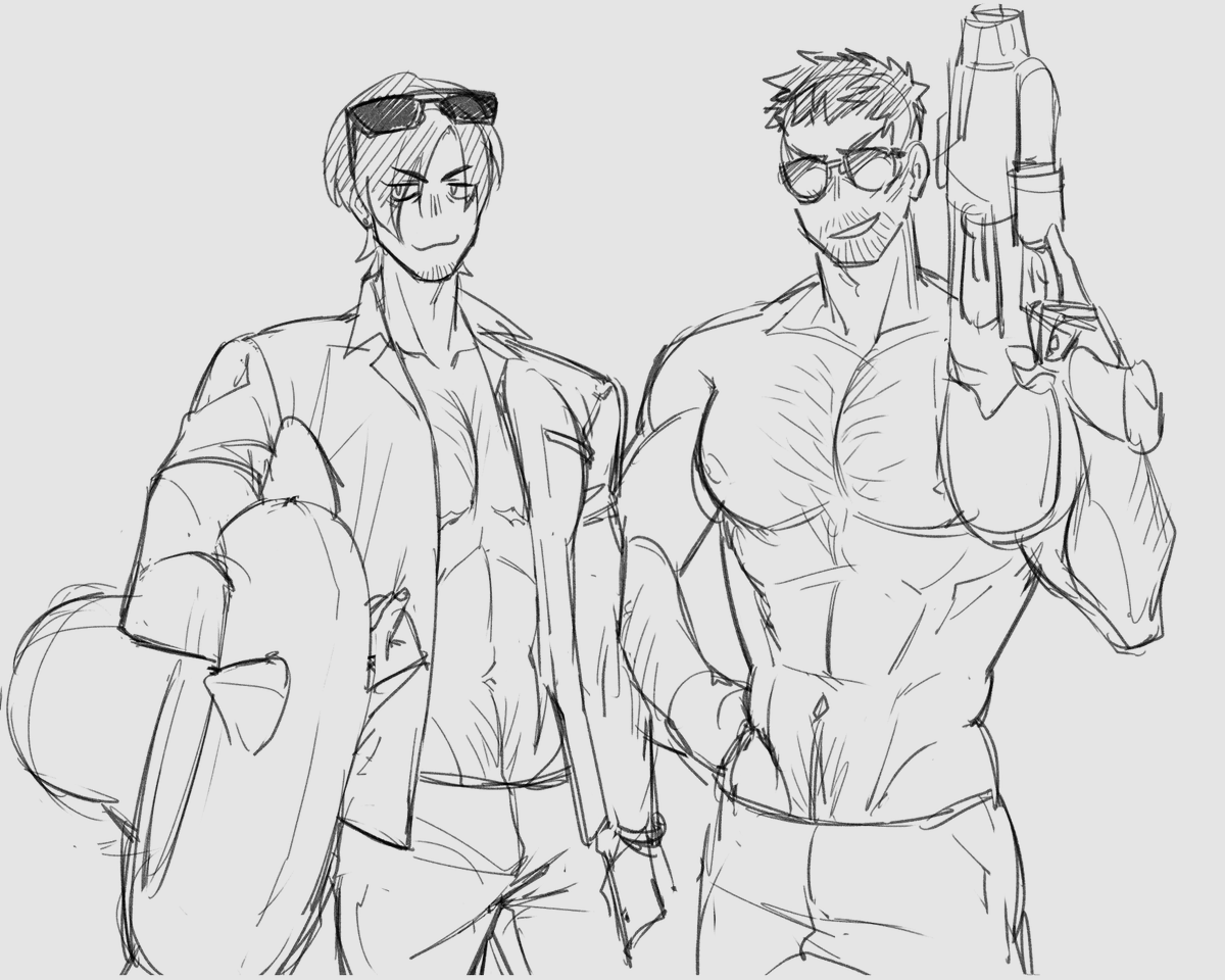 TIANHAI_03's tweet image. hello evil residence fans i had a dream today that in a new re movie (it looked like death island) leon and chris were fighting zombies at a swimming pool so have some silly doodles