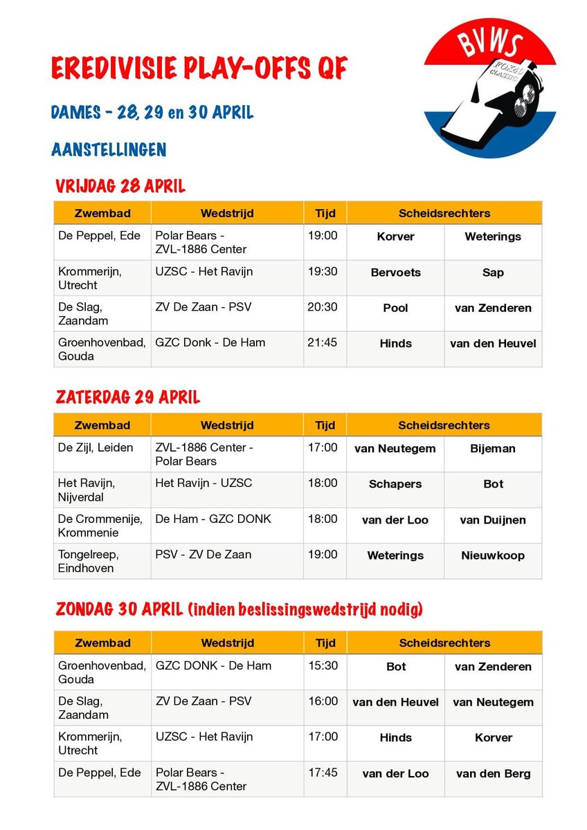 BVWS's tweet photo. AANSTELLINGEN #EREDIVISIE PLAY-OFFS QF
Vrijdag 28 april starten de play-offs voor het landskampioenschap bij de dames en heren. Check hieronder wie er in dit bomvolle weekend zullen fluiten 👇🏼 https://t.co/nJ3LSBhWyr