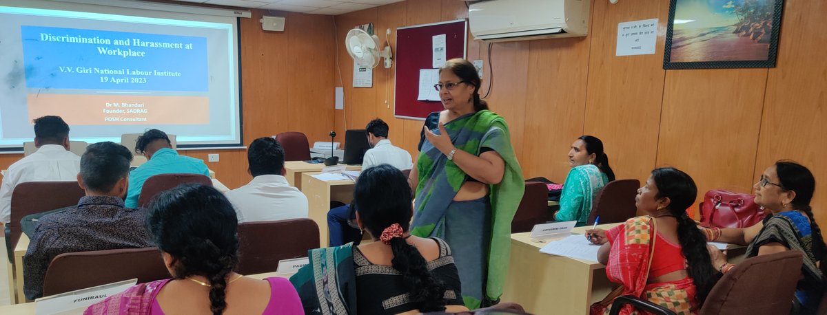 BhandariMala's tweet photo. A session on The SH Act 2013 with members of  AITUC &amp; NFITU, Odisha and NLO, Gujarat, Rajashan and A.P. at V.V. Giri National Labour Institute on 21 April 2023. https://t.co/k4mVeWMNm0