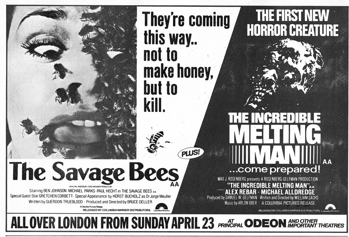 Mag1cH0ur's tweet photo. On this day, April 23rd, 1978, THE SAVAGE BEES was paired with THE INCREDIBLE MELTING MAN, all over London.. https://t.co/rSevPgkPoC