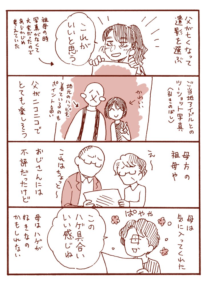 父が亡くなった時の話(しんみり不在)

両親は仲良しってわけでもなかったですが
母が唯一「離婚」のワードを持ち出したのは

「お父さんがカツラ被ったら離婚する」

って言った時だけでした。
父は発毛と育毛を頑張っていました。 