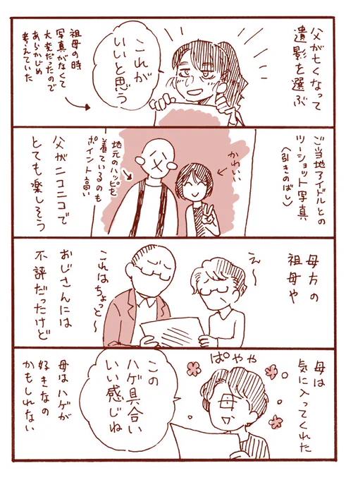 父が亡くなった時の話(しんみり不在)

両親は仲良しってわけでもなかったですが
母が唯一「離婚」のワードを持ち出したのは

「お父さんがカツラ被ったら離婚する」

って言った時だけでした。
父は発毛と育毛を頑張っていました。 