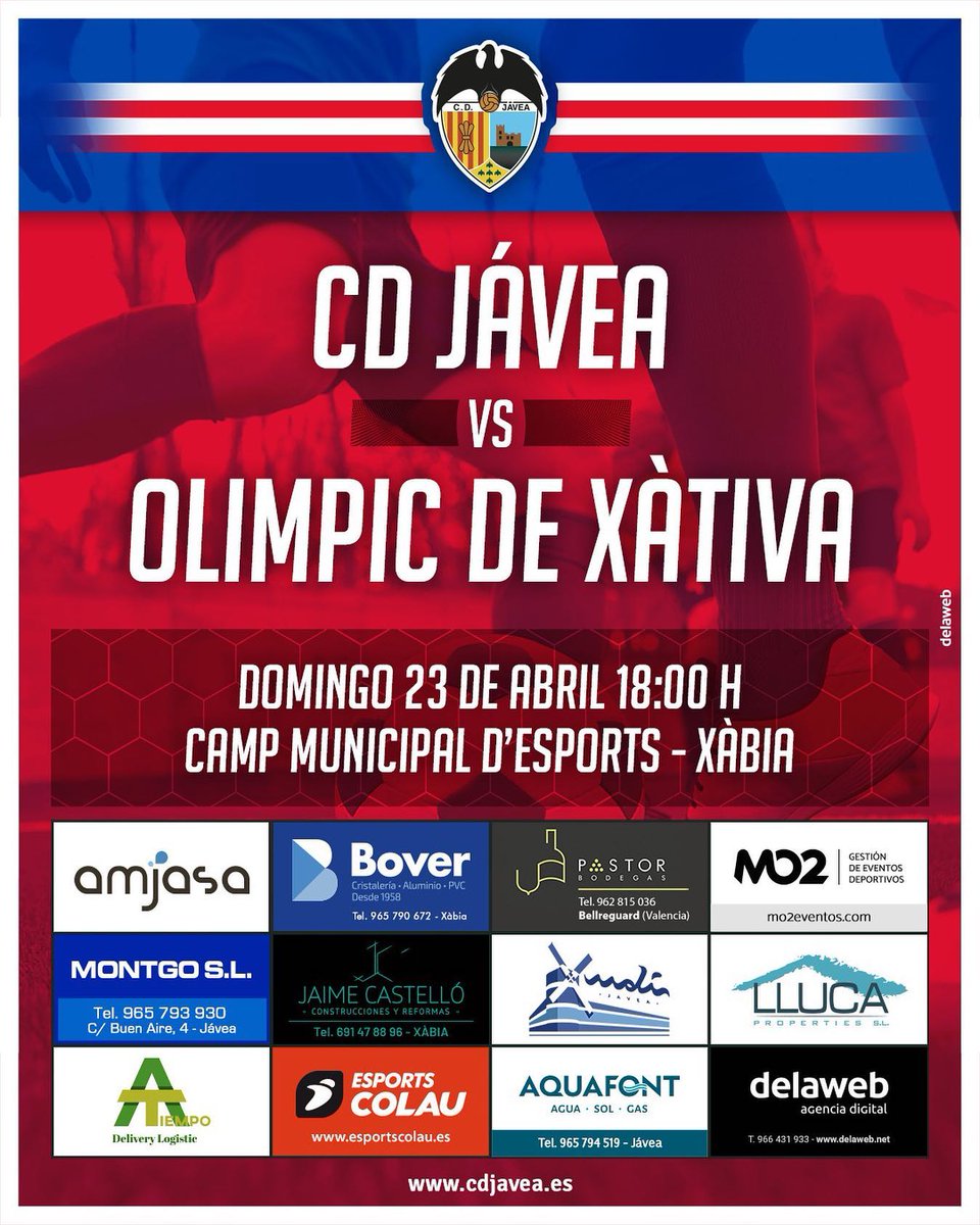 Javeamigos's tweet photo. SUPPORT YOUR LOCAL FOOTBALL CLUB!
CD Jรกvea v CD Olรญmpic de Xร tiva
Sunday 23rd April, 6.00pm
Campo d'Esports Municipal Xร bia
Admission: 10 euros (5 euros seniors)
Socios: Free
Ask at the entrance for more information.
#javea #xabia #javeamigos #cdjavea https://t.co/hqiAl8Cf3r