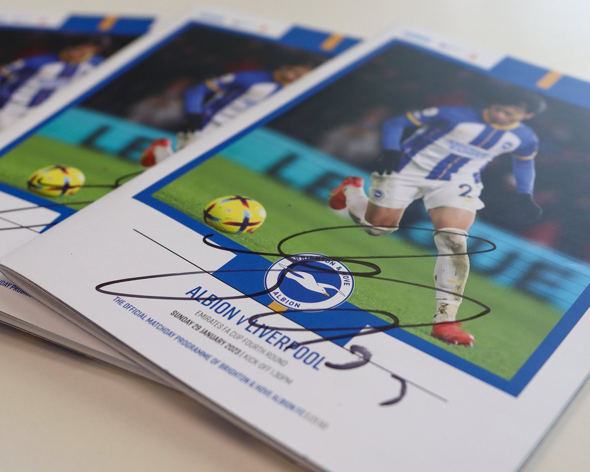 BHAFCFoundation's tweet photo. Today is your last day to enter our signed Mitoma programme giveaway! ⌛

To be in with a chance of winning one of three signed programmes from our FA Cup victory over Liverpool in January, just retweet this post and follow our page.

Entry closes at 4.30pm today!

#BHAFC 🔵⚪ https://t.co/t51bJQzjwT