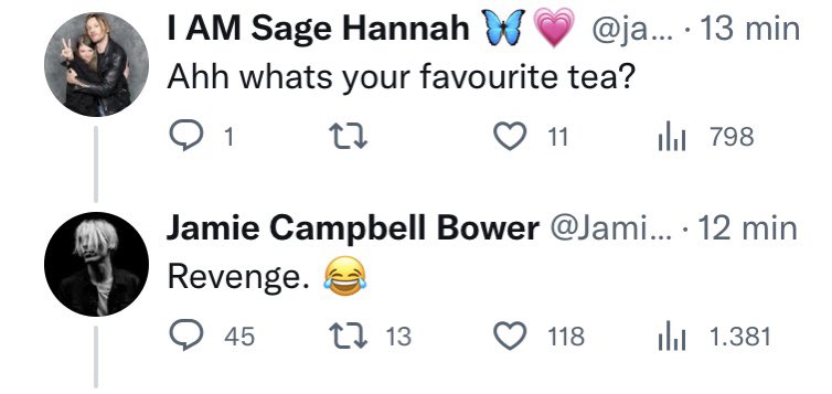 jcbrdaily's tweet image. Jamie apareceu no Twitter e respondeu algumas fãs. 
“Qual seu chá favorito?”
“Vingança 😂” 
Ele é engraçadinho assim mesmo.