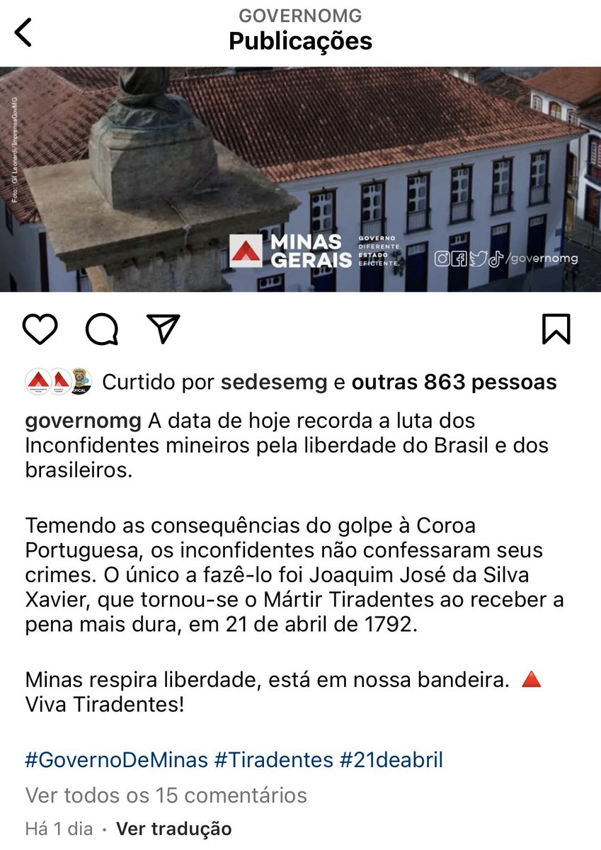 BiaCerqueira_'s tweet photo. Para o governo Zema, os inconfidentes eram golpistas e criminosos. Essa visão (errada da história mineira) deve ter guiado a decisão da turma de homenagear Temer e Moro! Vergonha!!! 
Fonte do print: Instagram oficial do governo de Minas. 🤦🏻‍♀️ https://t.co/hBVO0sdWlr