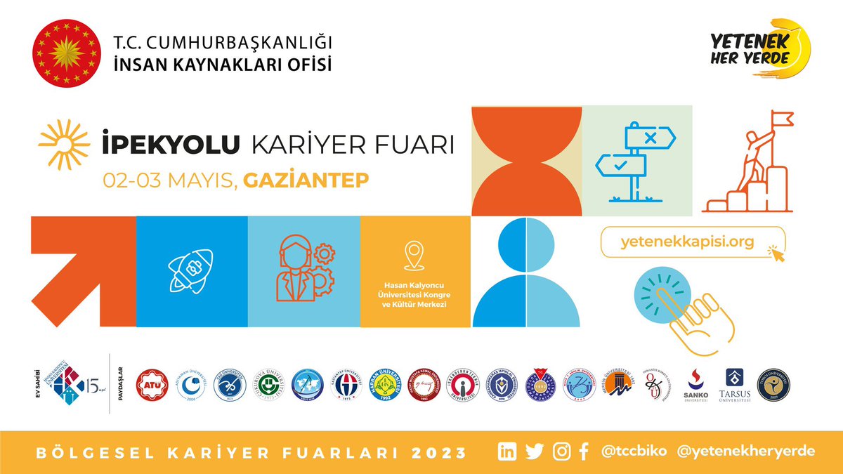 T.C. Cumhurbaşkanlığı @tccbiko tarafından koordine edilen ve üniversitemizin ev sahipliğini üstleneceği, ''İpekyolu Kariyer Fuarı''

🗓️2-3 Mayıs 2023 tarihlerinde
📍HKÜ Kongre ve Kültür Merkezi'nde yapılacaktır.

👉Detaylı bilgi: ipekyolukaf.hku.edu.tr
