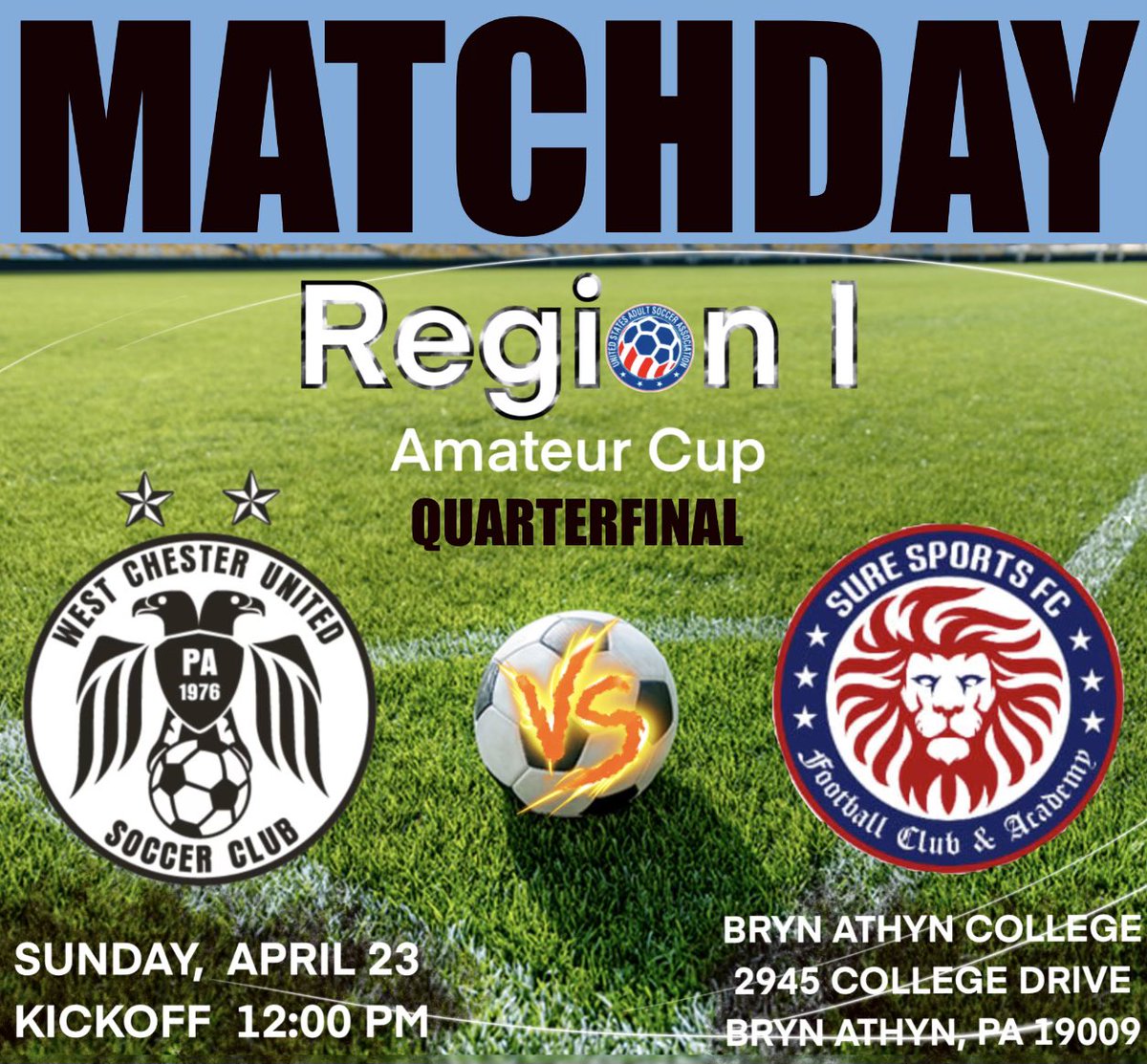 Beautiful MATCHDAY in PA for @USASARegion1. Noon kickoff @BrynAthynLions . Maryland Amateur Champ @SureSportsSC_MD v East PA Champ @WCUSCPredators in Regional Quarterfinal! @MattRalph_ @usopencup @USLLeagueTwo @USLPA @NPSLSoccer @PennFusion_SA @phlsoccernow @MichaelBattista