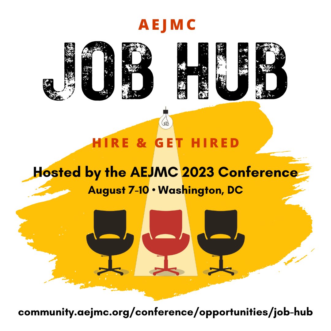 CSGEAEJMC's tweet photo. The @AEJMC #jobhub deadline is around the corner—May 15!
Make sure to get yourself signed up and prepared for it: https://t.co/TuRw7p9cLb https://t.co/jZQSYuQG7n