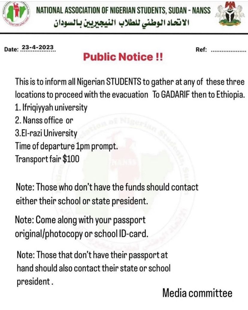 You mean the Nigerian students that are stranded in Sudan still need to pay $100 before they can be evacuated? 

And why is Nigerian government always slow in things like this? It happened in SA, Ukraine and now Sudan..why?🤦🏽‍♂
#Sudan #sudanevacuation #SudanUprising #Nigeria