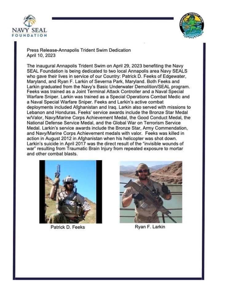 op_hawkeye's tweet photo. How do you remember?

Denise Priddy is dedicating her #AnnapolisTridentSwim benefiting @NavySEALfnd to Maryland heroes #RyanLarkin and #PatrickFeeks 🇺🇸🔱

Please consider joining Denise with a donation of any amount in memory of Ryan and/or Pat, see https://t.co/1H7TPbkPEj https://t.co/97k24XSmK0