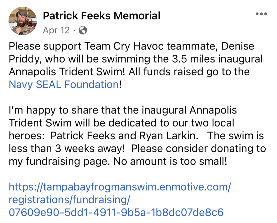 op_hawkeye's tweet photo. How do you remember?

Denise Priddy is dedicating her #AnnapolisTridentSwim benefiting @NavySEALfnd to Maryland heroes #RyanLarkin and #PatrickFeeks 🇺🇸🔱

Please consider joining Denise with a donation of any amount in memory of Ryan and/or Pat, see https://t.co/1H7TPbkPEj https://t.co/97k24XSmK0