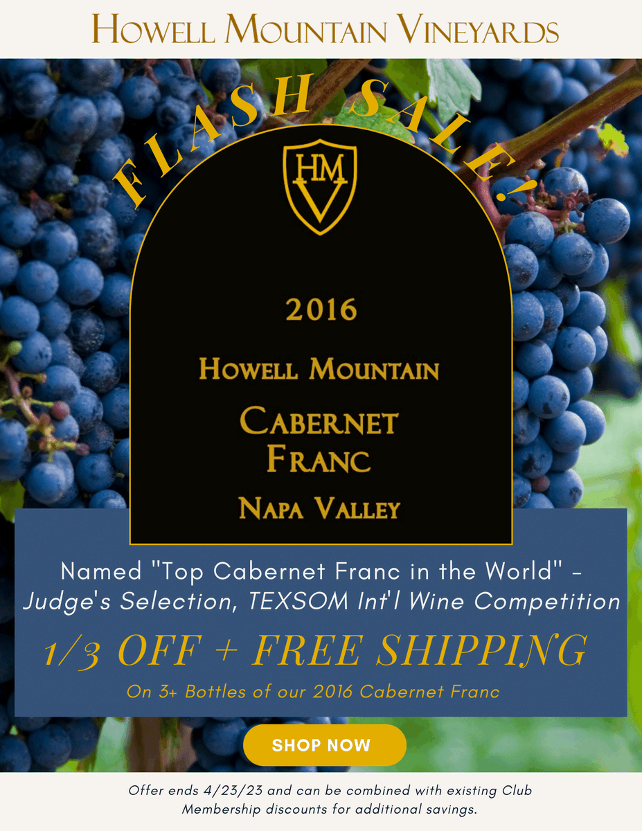 HowellMountainV's tweet photo. LAST DAY for our FLASH SALE - 3 Bottles of 2016 Cabernet Franc - 33% OFF + FREE Shipping 
Named "Top Cabernet Franc in the World" - TEXSOM Int'l Wine Competition

Was $435.00 - Now only $290.01.

Order Today!:
https://t.co/6NJ4Z7LBHg https://t.co/b7W4YwxJ4i