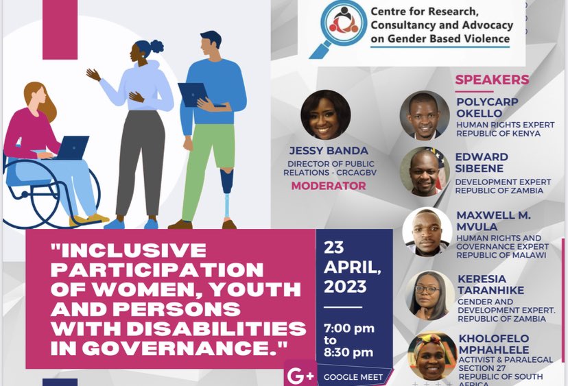 Join SECTION27’s @Kholo21 for a panel discussion on inclusivity, women and youth today at 7pm. Join here: bit.ly/3owxkDL #Crcagbv#Inclusivity#women#Youth#Disability#governance