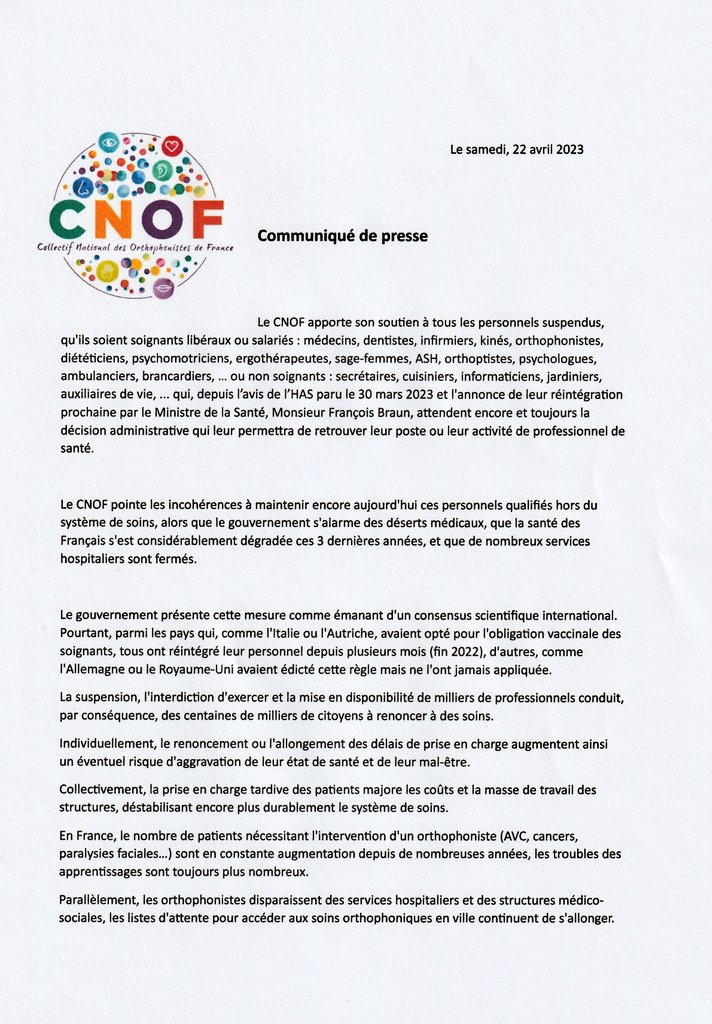 CollectifNatio1's tweet photo. Depuis + de 19 mois, des milliers de structures sont privées d’une partie de leur personnel, des milliers de patients attendent le retour de leur thérapeute!
Pour la santé de tous: #AbrogationLoi05Aout2021, #réintégration sans condition de tous les professionels. https://t.co/6clBt86iy4