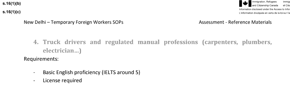 smeurrens's tweet photo. I have posted on my blog several IRCC Standard Operating Procedures used at the Canadian visa office in New Delhi, current to April 12, 2022.

Amongst other things, the documents show that there is a requirement at the Canadian visa office in New Delhi that caregivers, truckdrivers and regulated manual professions (including carpenters, plumbers and electricians) have  "IELTS around 5." 

https://t.co/6Ubg7am5yn