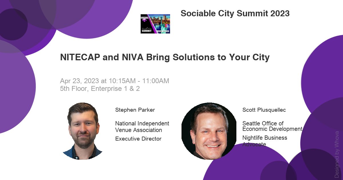 sociablecity's tweet image. Find out how @nivassoc and @nitecap_us can help your #SocialEconomy at #RHIsummit23 with reps: Stephen Parker, ED @nivassoc and Scott Plusquellec @scudderplus Nightlife Business Advocate, Seattle Office of Economic Development @nitecap_us