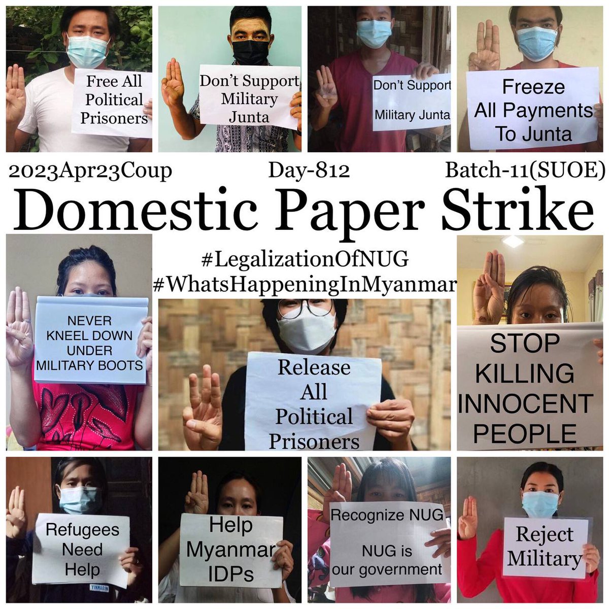 #MYANMAR : Daily anti-coup revolutionary domestic strike by pro-democracy CDMer teachers from #Sagaing University of Education as 812nd day.  

#LegalizationOfNUG
#2023Apr23Coup
#WhatsHappeningInMyanmar