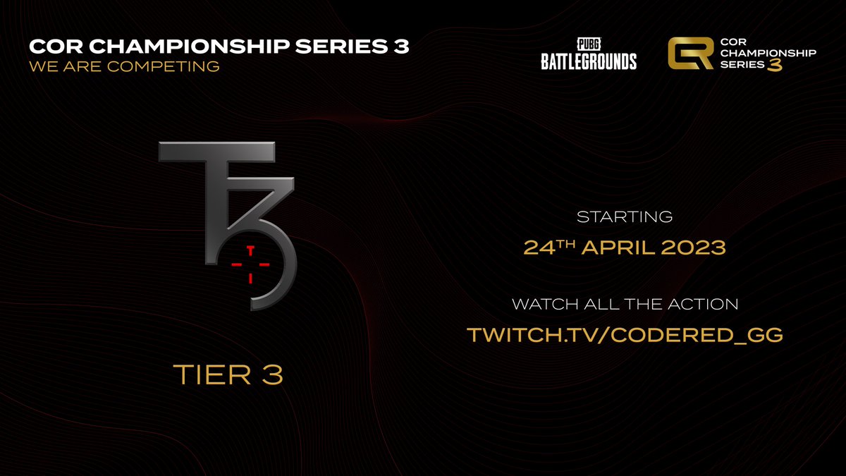 Excited to kick off the main event of CCS3 with Tier 3 tomorrow.
Make sure to tune in and support from 7:45pm BST Monday, Tuesday and Wednesday. 
<a href="/CoR_GG/">CodeRed Gaming</a> <a href="/PUBG_EU/">PUBG: BATTLEGROUNDS Europe</a>
