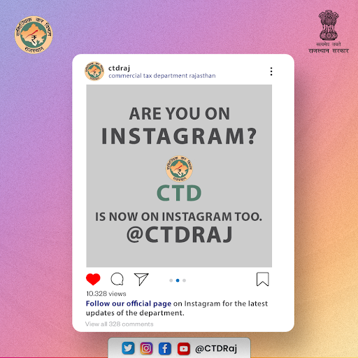CTDRaj's tweet photo. our latest initiatives, events and opportunities. Follow us to be a part of our mission to promote the latest information's about Commercial Tax Department Rajasthan.

We are also on Facebook and Twitter.

#ctdraj  #StayUpdated #ConnectWithUs #digitalctd https://t.co/X8JYB8ku7C