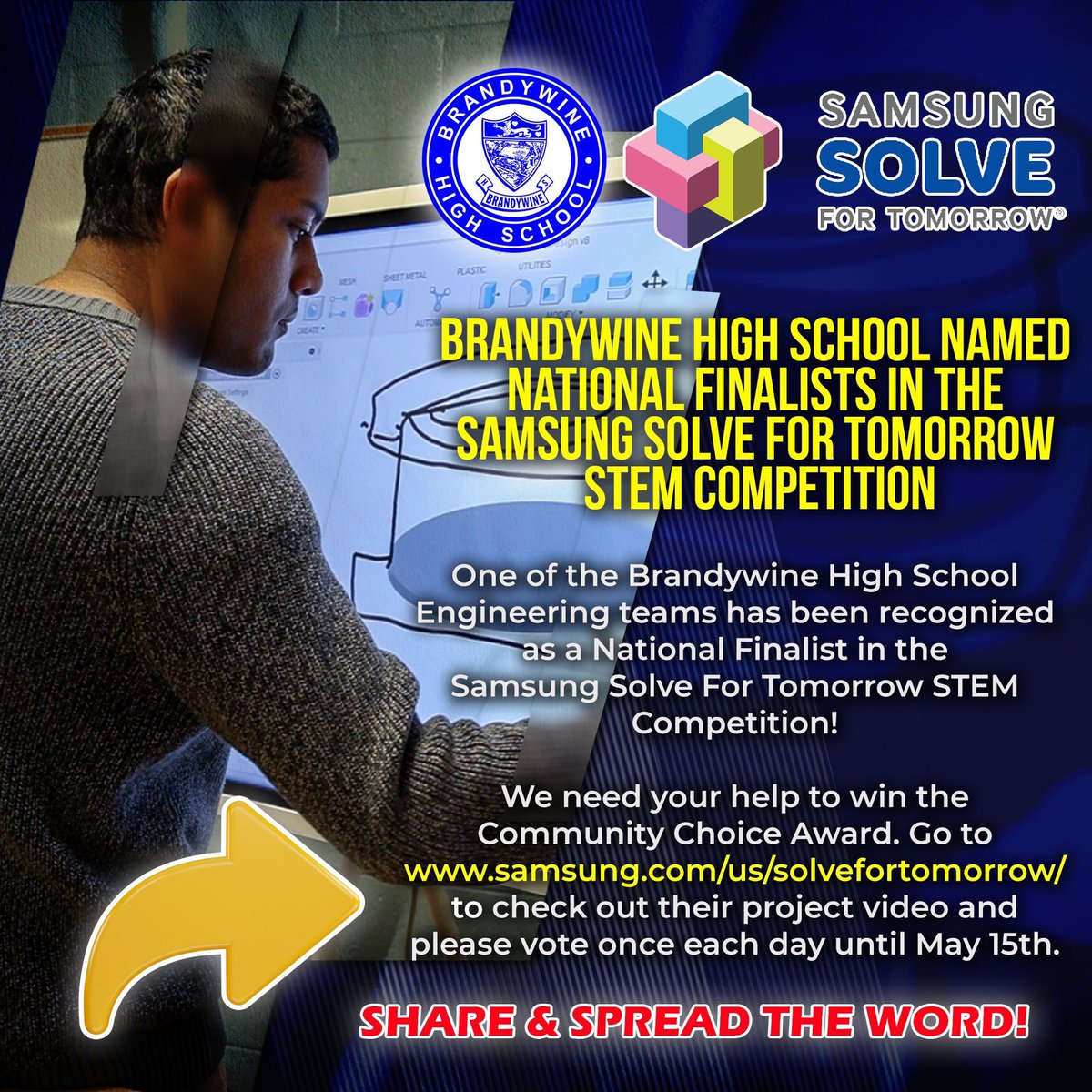 BrandywineHigh's tweet photo. One of the BHS Engineering teams has been recognized as a National Finalist in the Samsung Solve For Tomorrow STEM Competition! We need your help to win the Community Choice Award. Go to https://t.co/8LlmXALPbl and please vote once each day until May 15th. #samsungsolvebhs https://t.co/O6fvB4q3wX