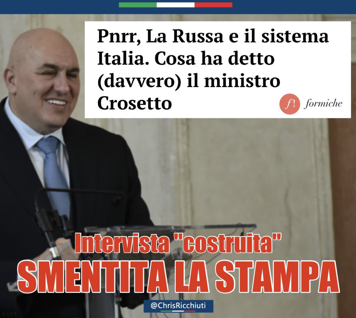 ⚠️ SMENTITA LA STAMPA ⚠️

Il Ministro della Difesa ha smentito un’intervista pubblicata da #LaStampa, frutto di un montaggio di pezzi tratti da un discorso ben più ampio su #PNRR, #LaRussa e #sistemaItalia.

Dal video integrale, @GuidoCrosetto ha ragione da vendere‼️👇🏼