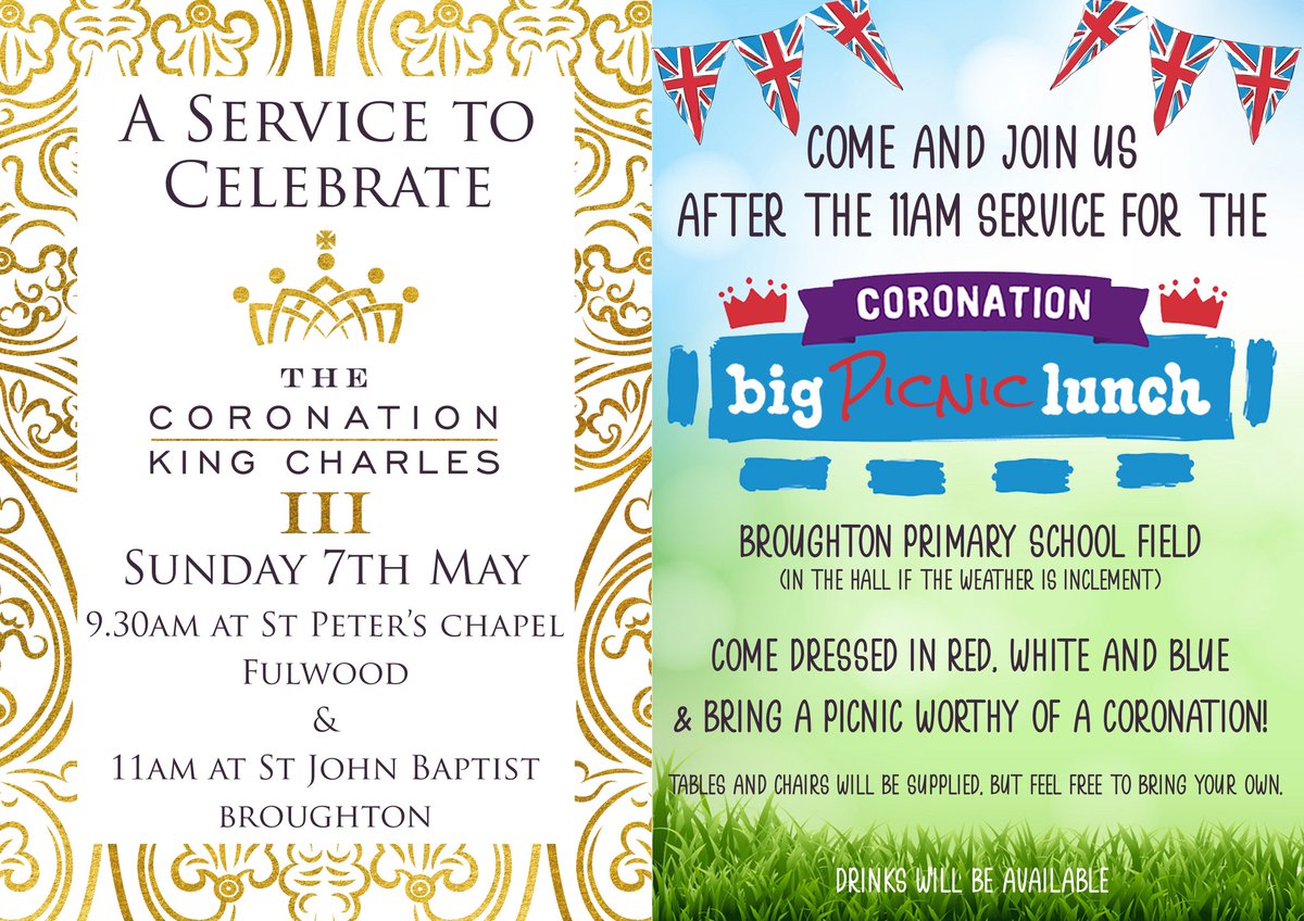 broughtonparish's tweet photo. Join us on Sunday 7th May for special services to celebrate the Coronation at 9.30am St Peter's Chapel and 11.00am St John's Church followed by a picnic at Broughton Primary.  Everyone welcome https://t.co/GLz07wW0Gv