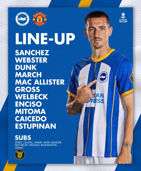 Team graphic featuring Lewis Dunk:

Sanchez, Webster, Dunk, March, Mac Allister, Gross, Welbeck, Enciso, Mitoma, Caicedo, Estupinan. Subs: Steele, Colwill, Undav, Ayari, Gilmour, van Hecke, Veltman, Buonanotte, Offiah.

Come on Albion!