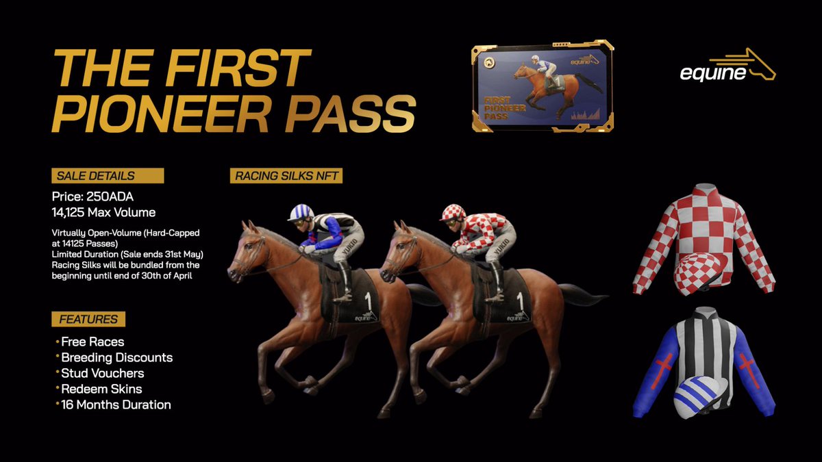 PUBLIC MINT IS OPEN

It's Day 3 of the EquineNFT First Pioneer Pass mint!

➡️ equine.fencemaker.io/first-pioneer-…

What’s Included in this Bundle: 
➕First Pioneer Pass NFT with Extended Duration of 16 months  
➕Racing Silks NFT (Bundled only until the end of April)  

_
Full Article: