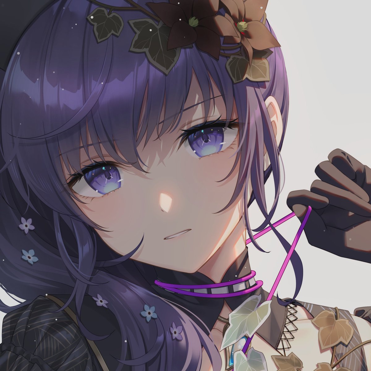 1girl solo purple hair gloves flower looking at viewer purple eyes  illustration images