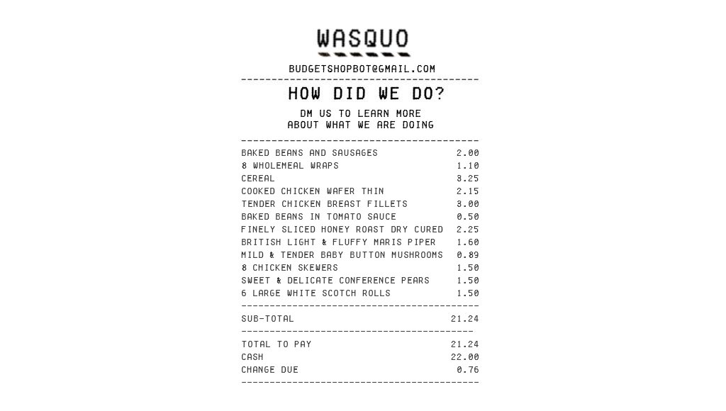 BudgetShopBot's tweet photo. This bot has 76p left from £22 after buying groceries including Baked Beans In Tomato Sauce at £0.5. #budgetshopbot https://t.co/iZYqxnSqSz