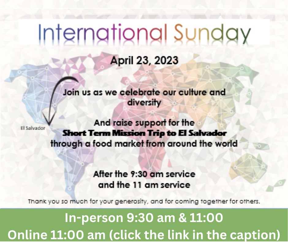 RiverCrossSJ's tweet photo. We look forward to worshipping with you this morning at our International Sunday Worship Service! There will be an international food market after each service to raise support for the Short Term Mission Trip to El Salvador.

To join us online at 11:00: https://t.co/B1WQugJUjp https://t.co/pb0PvqmGSF