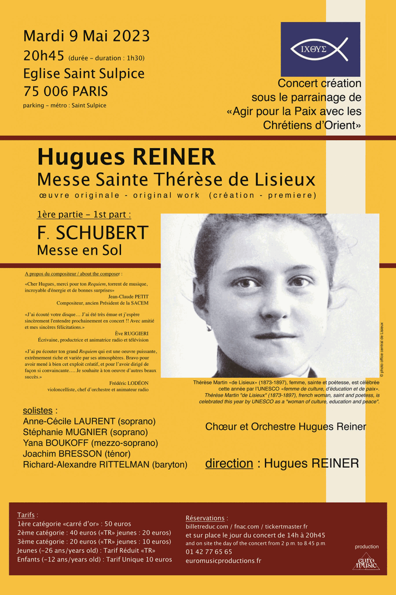 ChoeurHReiner's tweet photo. #MessedeSainteThérèsedeLisieux de #HuguesREINER #MesseensolSCHUBERT
9 mai à 20h45
#ÉgliseSaintSulpice
Sous le parrainage de l'association #AgirpourlaPaixaveclesChrétiensdOrient
Info et réservations : https://t.co/FVIUtgLoc0
#Concert #Choralmusic #Choralsinging #ChœurHuguesReiner https://t.co/VMHRTvCnYk