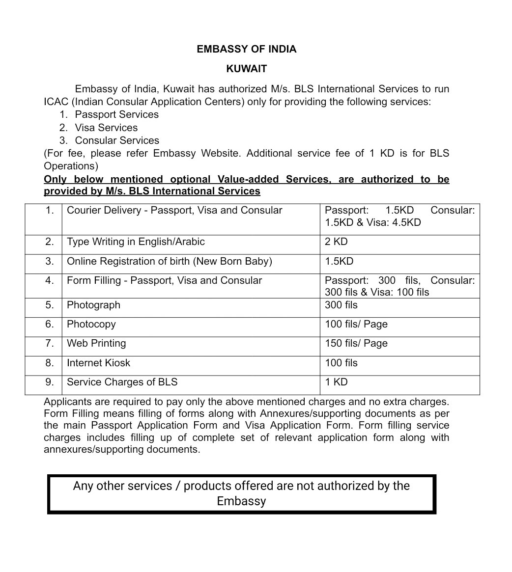 Indian Embassy BLS Service Charges