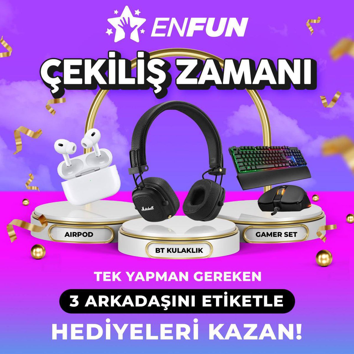EnFunPlatform's tweet photo. 🎉 ÇEKİLİŞ ZAMANI 🎉 

🎁 AIRPOD
🎁 GAMER SET
🎁 BT KULAKLIK

👇🏻Yapman gerekenler 👇🏻

31.05.23 tarihine kadar 

✅ Sayfamızı takip et.

✅ Çekiliş postuna üç arkadaşını etiketle.

HEDİYELERİ KAZAN 🎉🎁🏆

#çekiliş #hediye #AirPods #enfun #fenomenler #ünlüler #yıldızlar #kulaklık https://t.co/SOKSs5n0Ey
