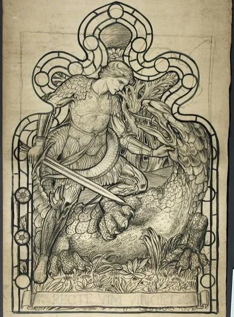 In honour of St. George's Day we bring to you a stained glass design by #JohnHenryDearle of St. George and the Dragon. Note Dearle's characteristic vegetation in the foreground and Morris &amp; Co. inspired tree motifs in the back. To learn more about Dearle click the link in our bio